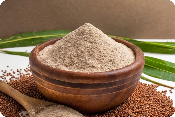 Ragi Powder (Finger Millet) - fine brown flour in a wooden bowl